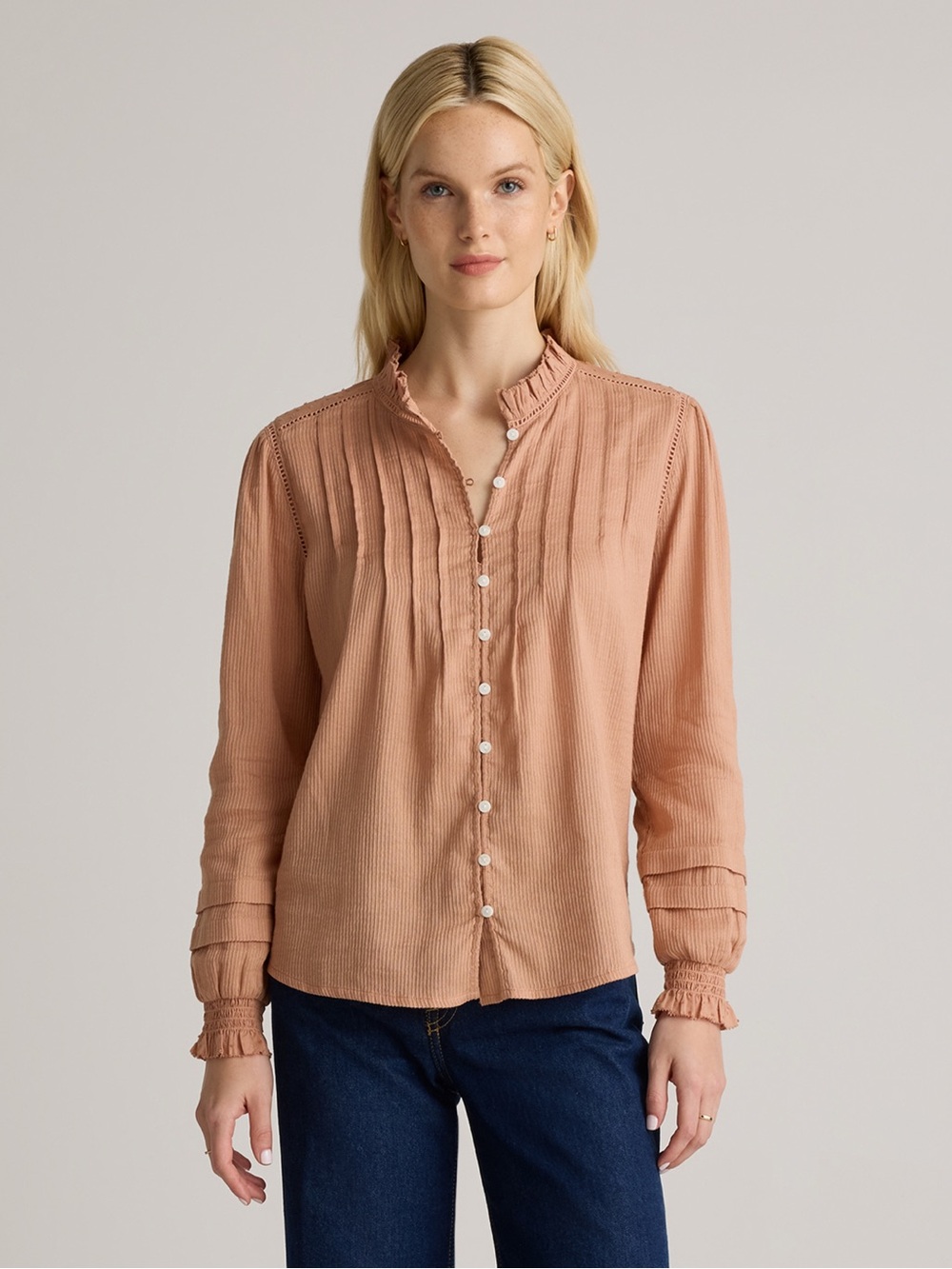 Quince Organic Cotton Peasant Blouse Cafe au Lait Ruffle Button Top L Boho